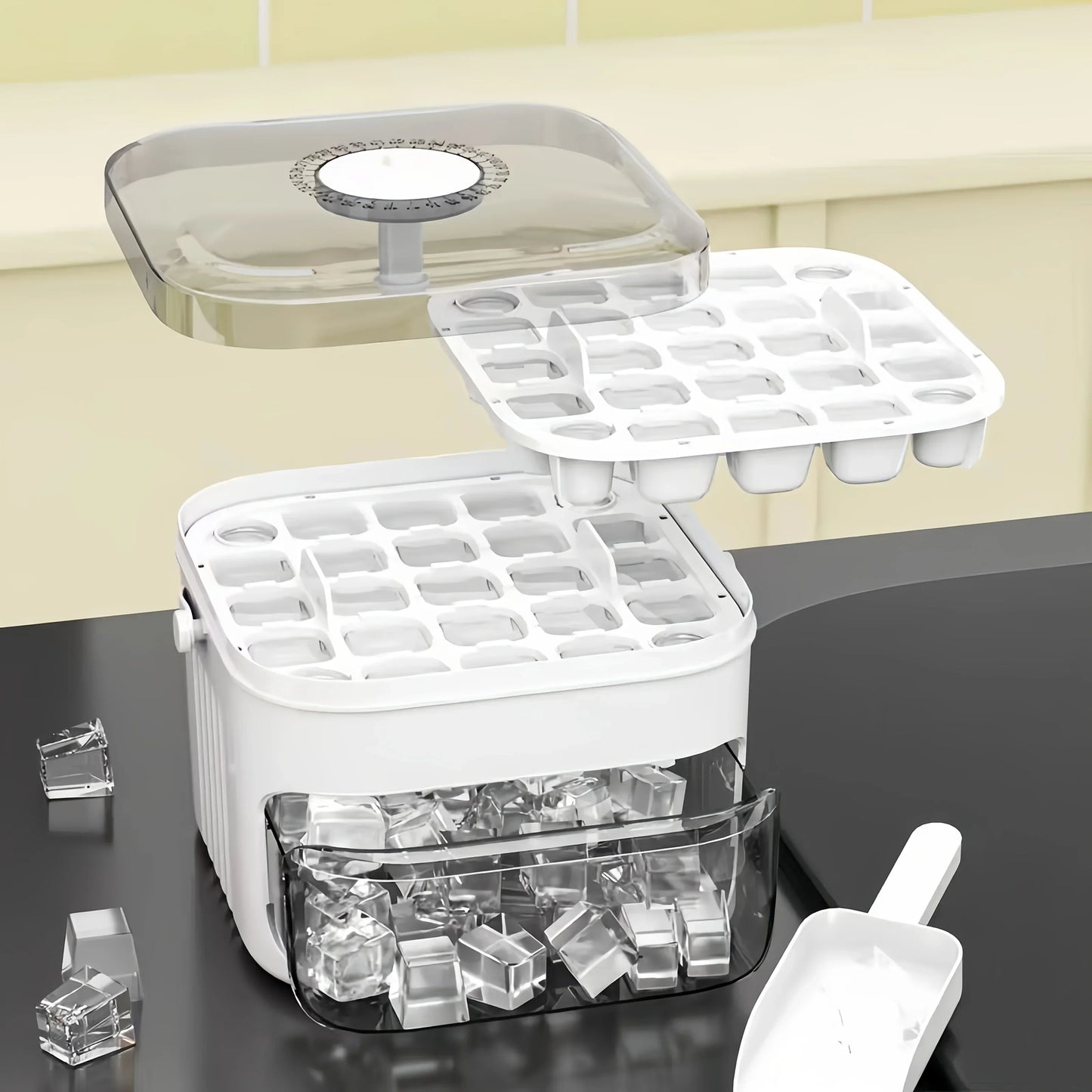 Exploded view of the double-layer 48-cube tray, storage bin and scoop